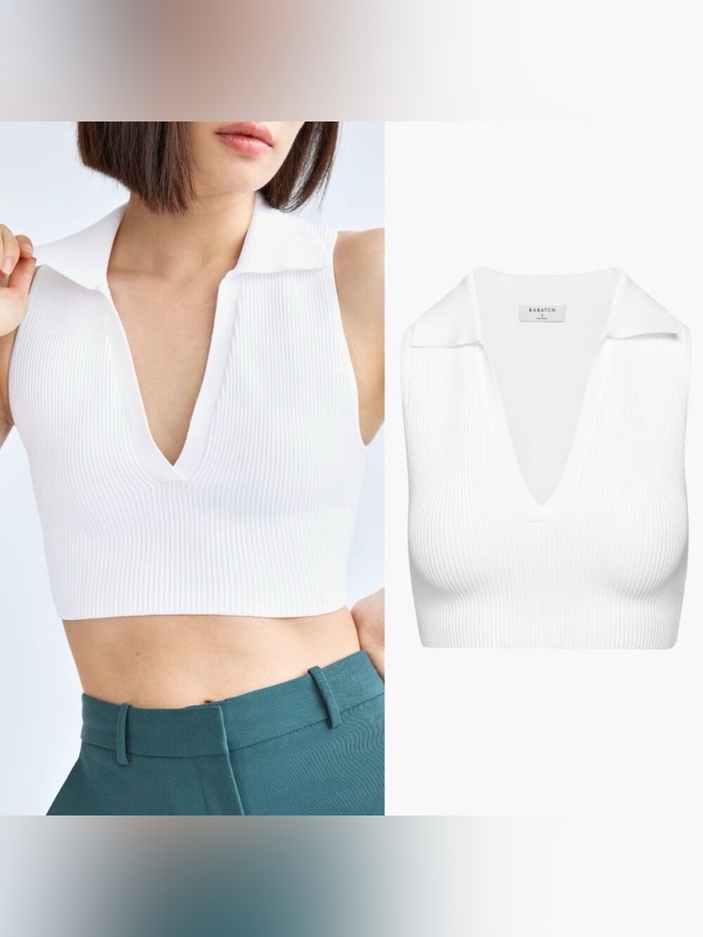 Aritzia Babaton White Ribbed V-Neck Polo Tank